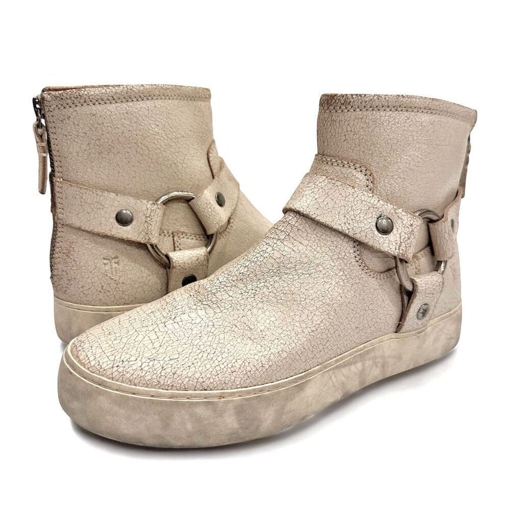 Frye Cracked Leather Lena Harness Booties in Off White Distressed Size 7.5